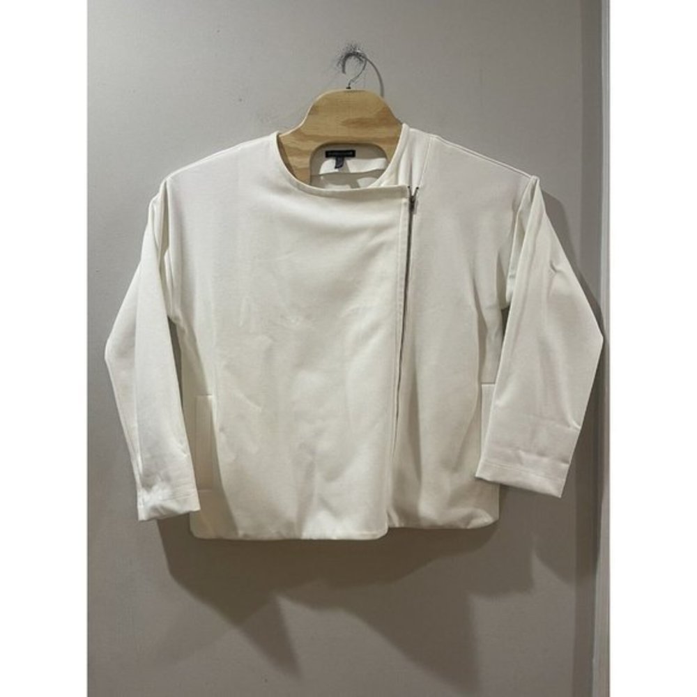 Eileen Fisher Ivory Spring Asymmetric Zip Front Jacket Womens Medium Moto‎ Style